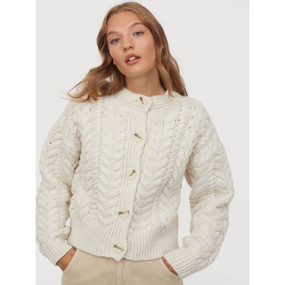 H&M Womens Cream Cable Knit Cardigan Sweater Off White Wool Blend Size S